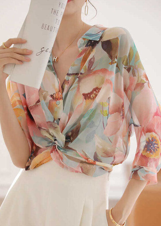 Natural Pink Peter Pan Collar Print Silk Top Bracelet Sleeve LY0404