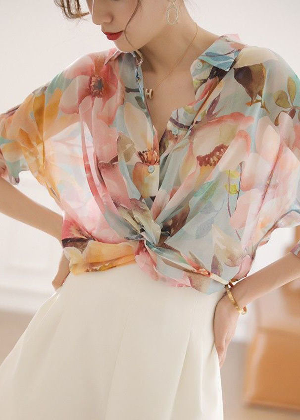 Natural Pink Peter Pan Collar Print Silk Top Bracelet Sleeve LY0404