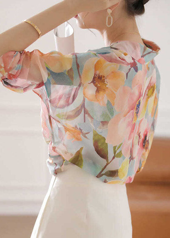 Natural Pink Peter Pan Collar Print Silk Top Bracelet Sleeve LY0404