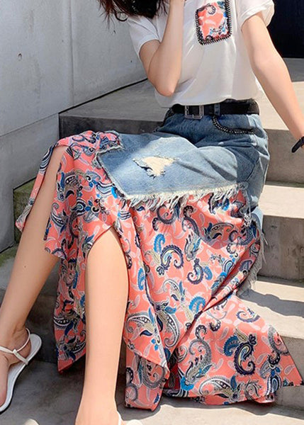 Jupe trapèze patchwork en mousseline imprimée rose naturel, été TY1076