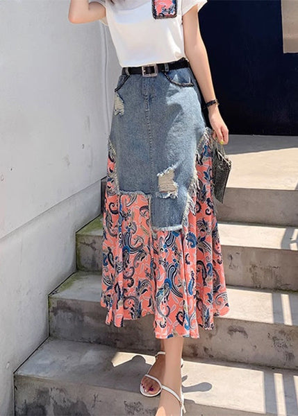 Jupe trapèze patchwork en mousseline imprimée rose naturel, été TY1076