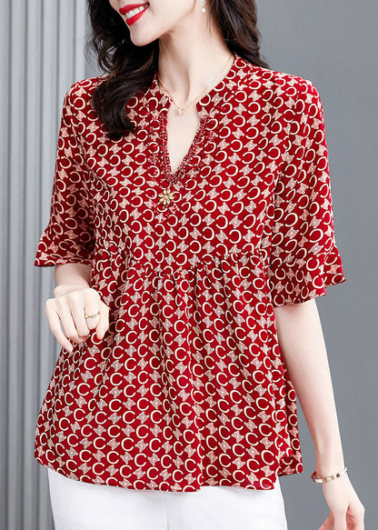 Natural Red V Neck Print Shirt Half Sleeve LY1531
