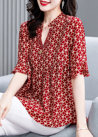 Natural Red V Neck Print Shirt Half Sleeve LY1531