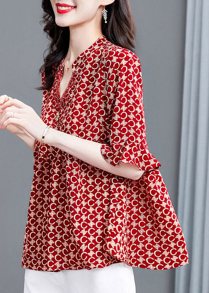 Natural Red V Neck Print Shirt Half Sleeve LY1531