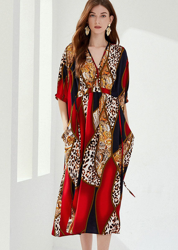 Natural Red V Neck Wrinkled Pockets Print Cotton Dresses Summer LY0020