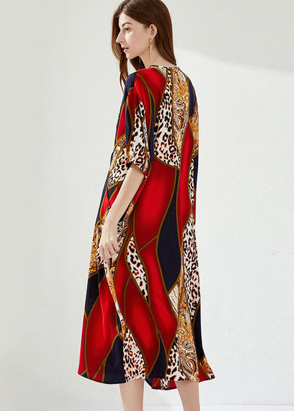 Robe d'été en coton imprimé rouge naturel à col en V et poches froissées LY0020