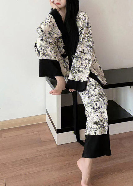 Natural V Neck Print Patchwork Ice Silk Pajamas Three Pieces Set Spring LY1874