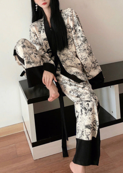 Natural V Neck Print Patchwork Ice Silk Pajamas Three Pieces Set Spring LY1874