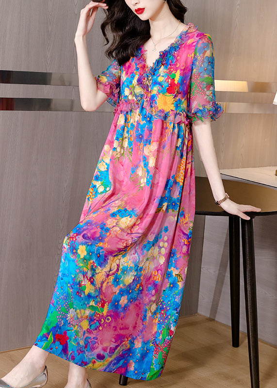 Natural V Neck Ruffled Print Silk Holiday Maxi Dress Short Sleeve LY1762