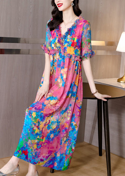 Natural V Neck Ruffled Print Silk Holiday Maxi Dress Short Sleeve LY1762