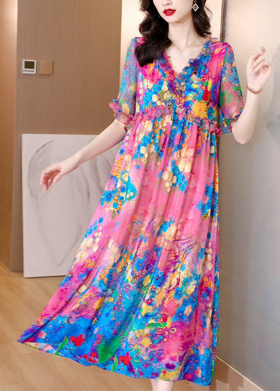 Natural V Neck Ruffled Print Silk Holiday Maxi Dress Short Sleeve LY1762