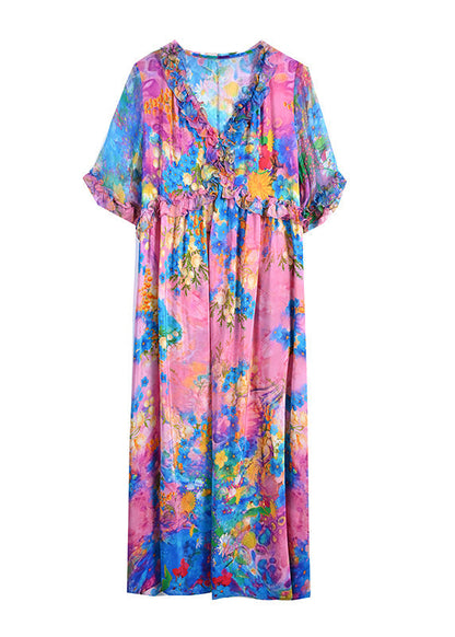 Natural V Neck Ruffled Print Silk Holiday Maxi Dress Short Sleeve LY1762