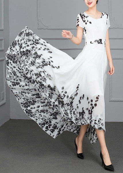 Natural White V Neck Print High Waist Chiffon Long Beach Dress Summer LY1789
