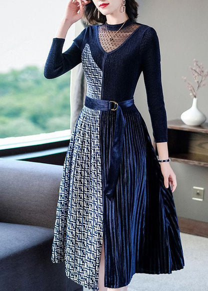 Navy Asymmetrical Design Silk Velour Long Dress Hollow Out Spring LC0082