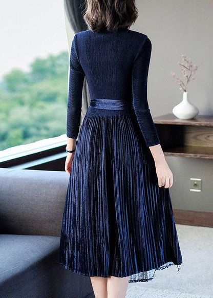 Navy Asymmetrical Design Silk Velour Long Dress Hollow Out Spring LC0082