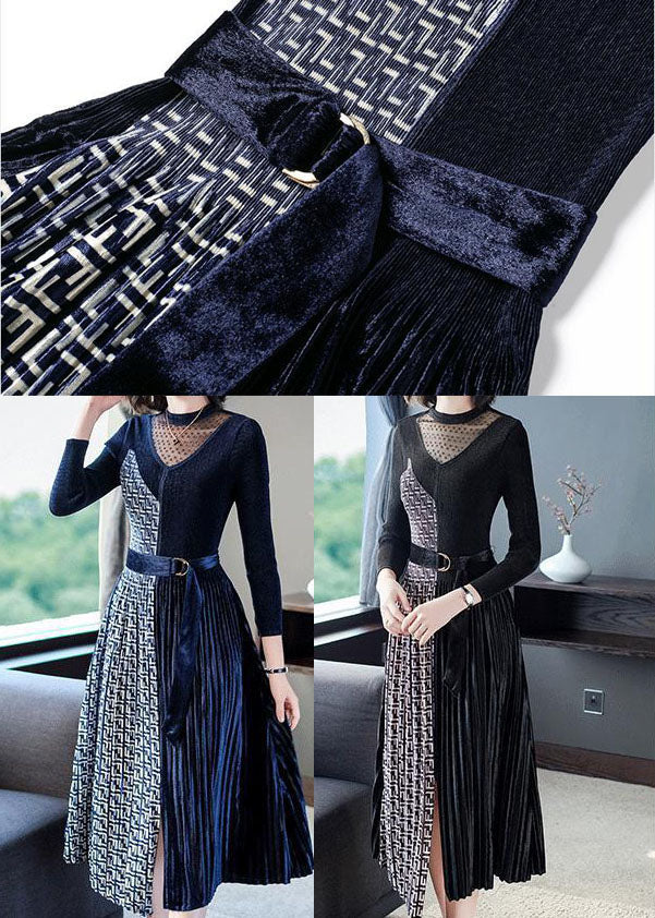 Navy Asymmetrical Design Silk Velour Long Dress Hollow Out Spring LC0082