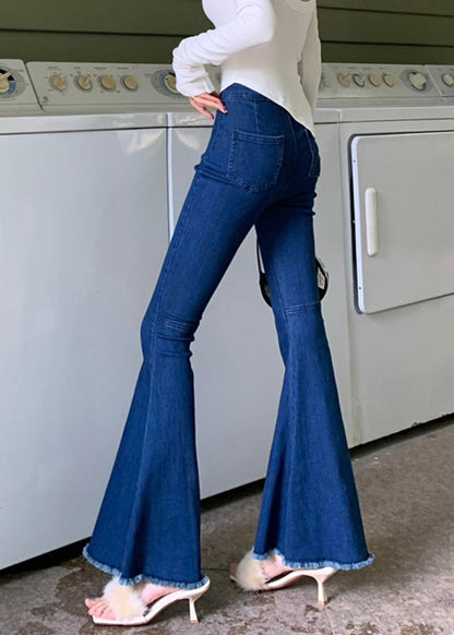 Navy High Waist Button Solid Flared Trousers TY1007