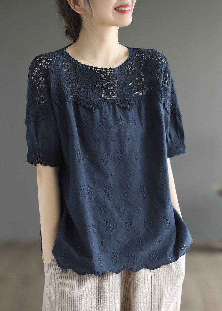 Navy Patchwork Cotton Tank Embroideried Hollow Out Summer TG1052