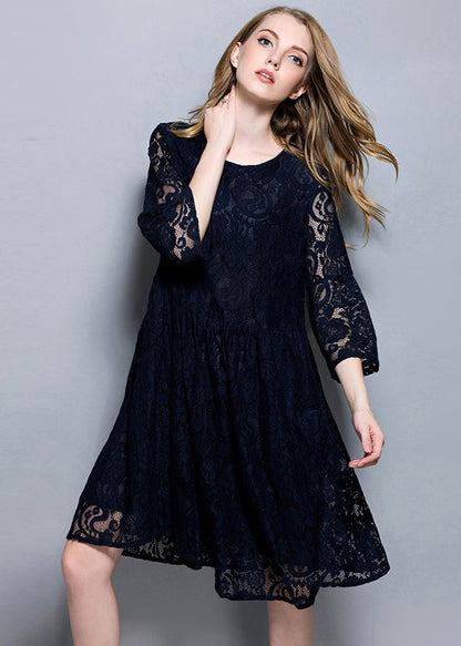 Navy Patchwork Lace A Line Dress O-Neck Oversized Summer LY0298