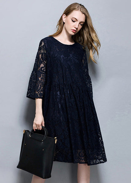 Navy Patchwork Lace A Line Dress O-Neck Oversized Summer LY0298