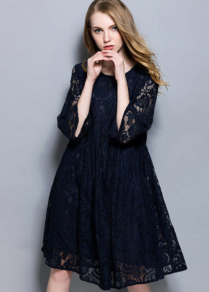 Navy Patchwork Lace A Line Dress O-Neck Oversized Summer LY0298
