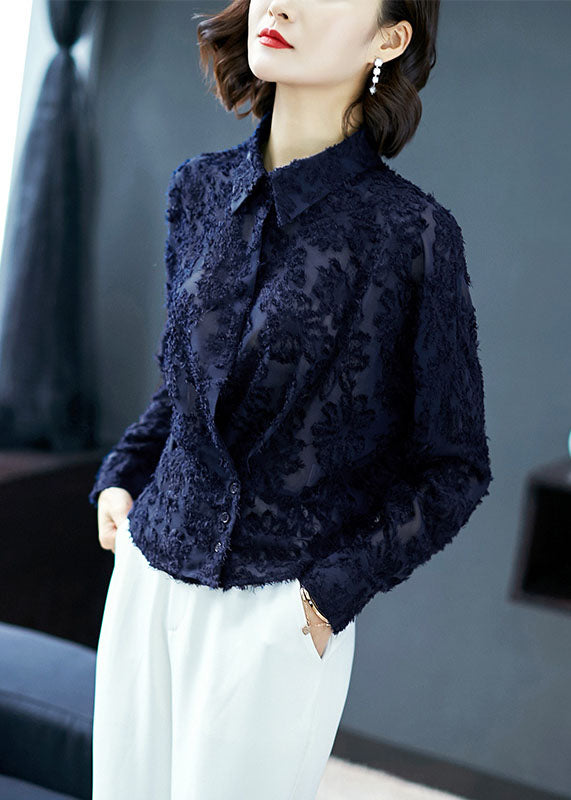 Navy Patchwork Lace Shirt Top Peter Pan Collar Button Long Sleeve TP1016