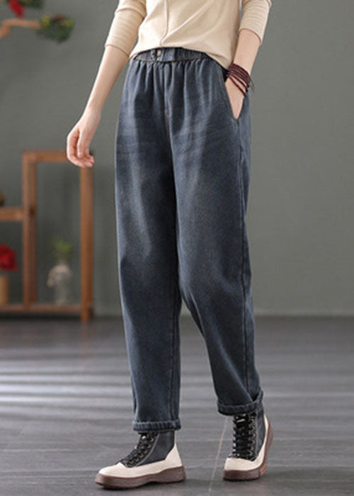 Navy Warm Fleece Denim Harem Pants Elastic Waist Spring TG1049