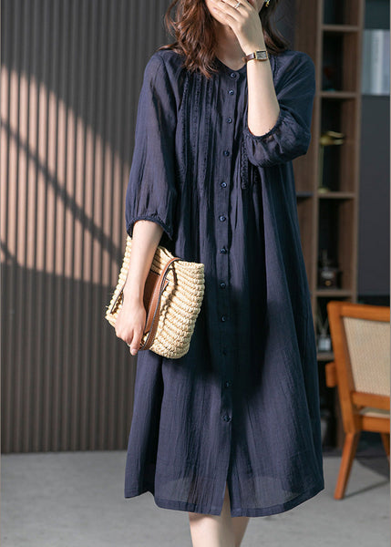 Navy Wrinkled Solid Linen Long Dresses Long Sleeve LY1746