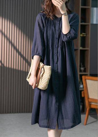 Navy Wrinkled Solid Linen Long Dresses Long Sleeve LY1746