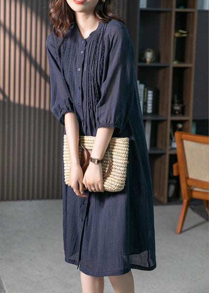 Navy Wrinkled Solid Linen Long Dresses Long Sleeve LY1746