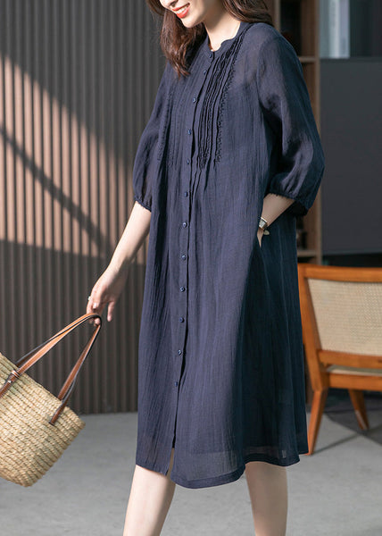 Navy Wrinkled Solid Linen Long Dresses Long Sleeve LY1746