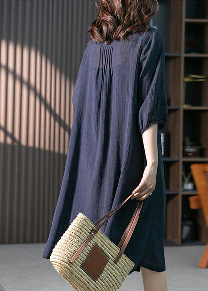 Navy Wrinkled Solid Linen Long Dresses Long Sleeve LY1746