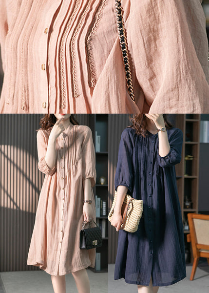 Navy Wrinkled Solid Linen Long Dresses Long Sleeve LY1746