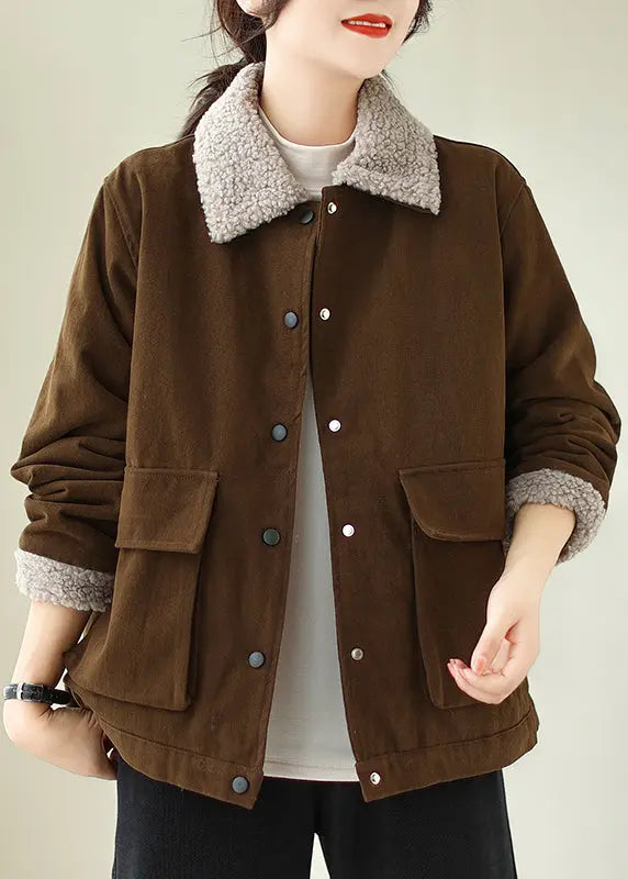 New Coffee Peter Pan Collar Pockets Fleece Wool Lined Jacket Winter Ada Fashion