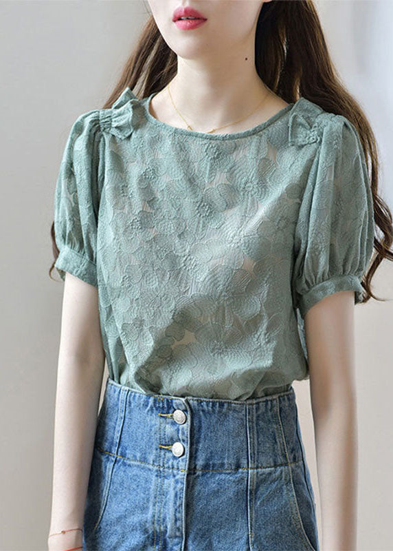 New Green O Neck Ruffled Patchwork Lace Shirt Tops Summer LY1474