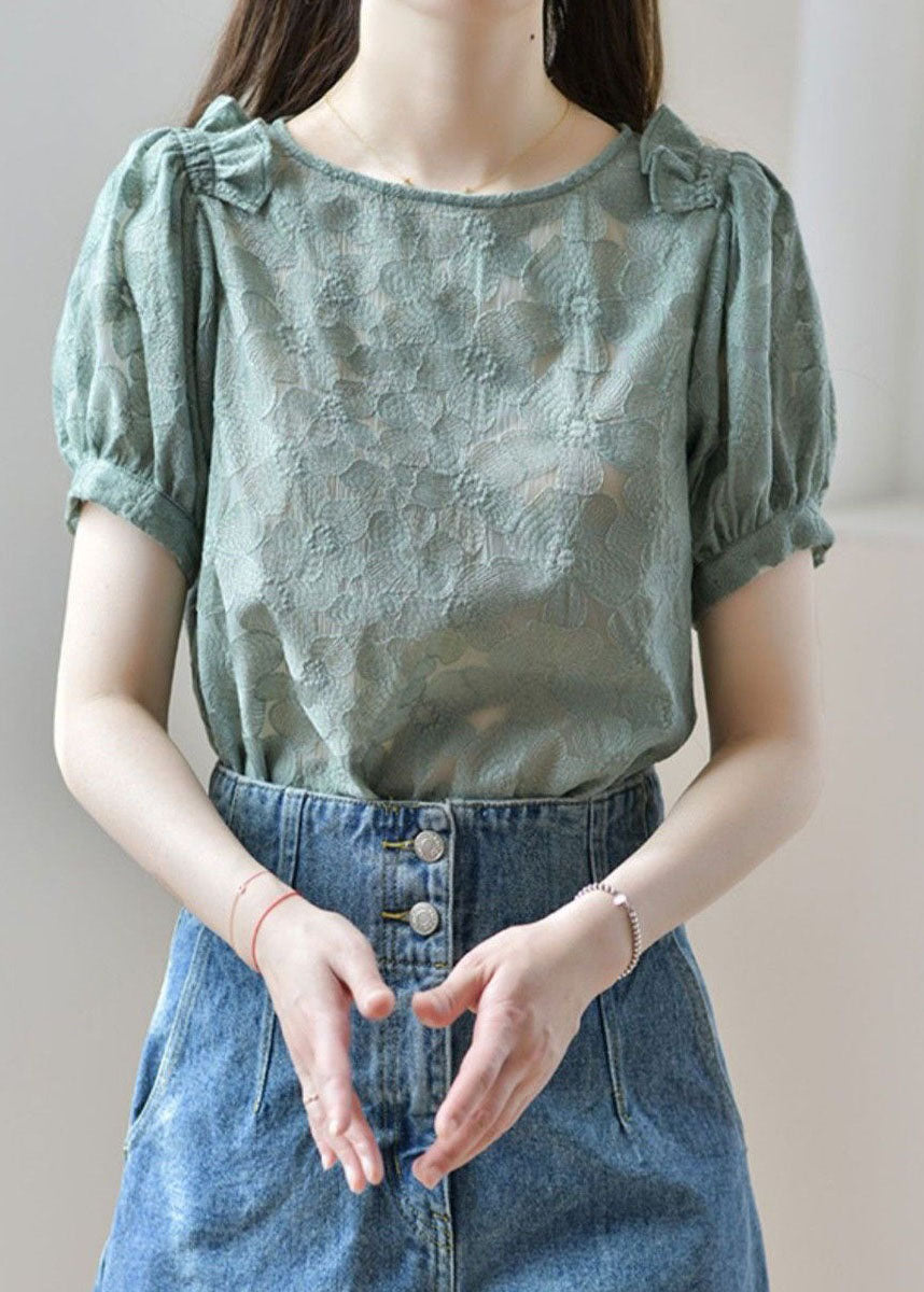 New Green O Neck Ruffled Patchwork Lace Shirt Tops Summer LY1474