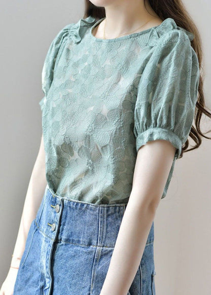 New Green O Neck Ruffled Patchwork Lace Shirt Tops Summer LY1474