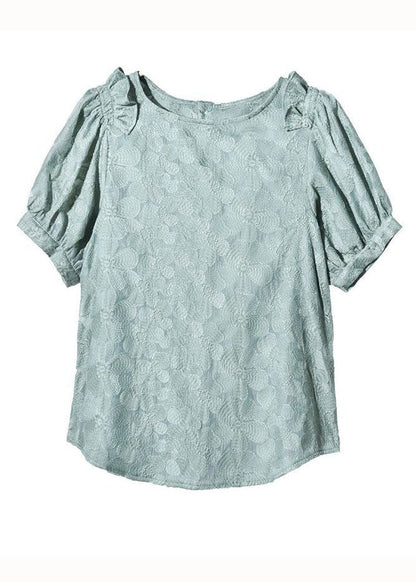 New Green O Neck Ruffled Patchwork Lace Shirt Tops Summer LY1474