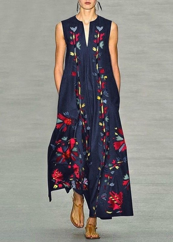 New Navy V Neck Print Chiffon Long Dress Sleeveless LY1925