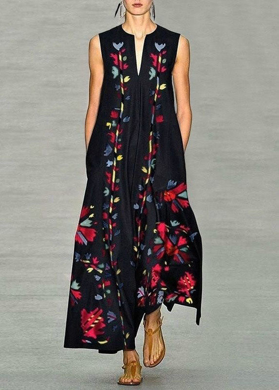 New Navy V Neck Print Chiffon Long Dress Sleeveless LY1925