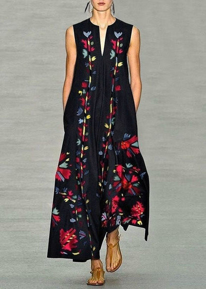 New Navy V Neck Print Chiffon Long Dress Sleeveless LY1925