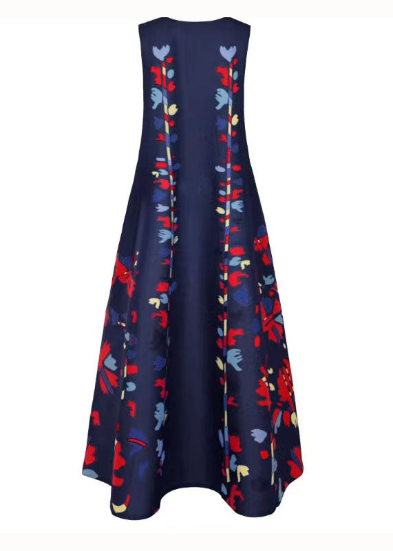 New Navy V Neck Print Chiffon Long Dress Sleeveless LY1925