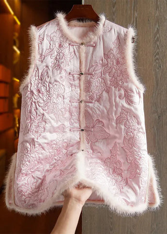 New Pink Embroidered Button Mink Hair Patchwork Waistcoat Winter Ada Fashion