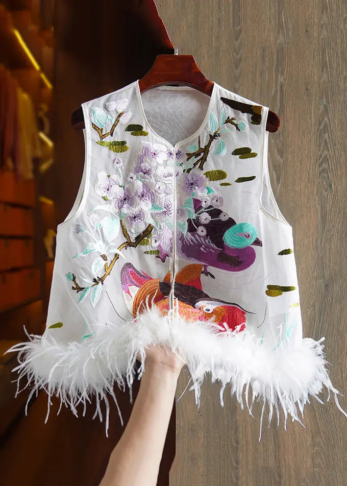 New White Embroidered Feather Patchwork Silk Waistcoat Sleeveless Ada Fashion