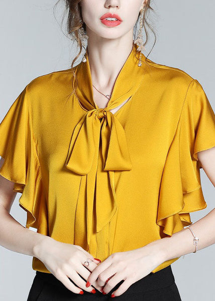 New Yellow Bow Ruffled Patchwork Silk Shirt Tops Summer LY0116
