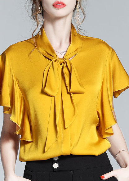 New Yellow Bow Ruffled Patchwork Silk Shirt Tops Summer LY0116