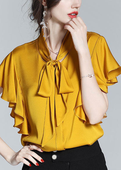 New Yellow Bow Ruffled Patchwork Silk Shirt Tops Summer LY0116