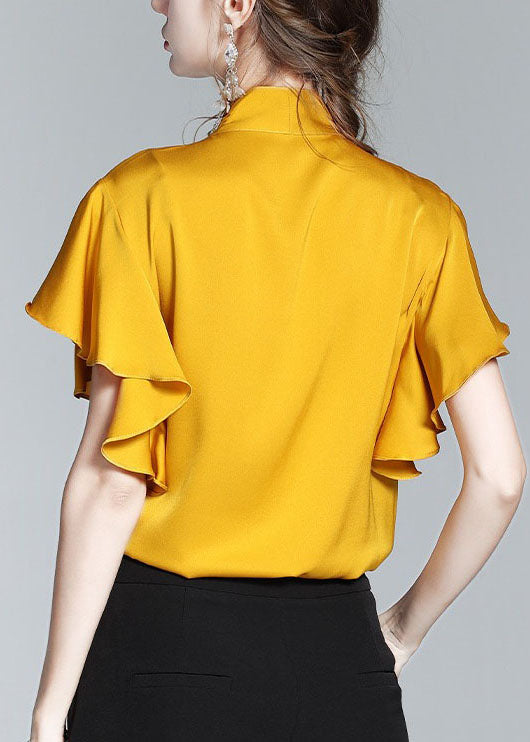 New Yellow Bow Ruffled Patchwork Silk Shirt Tops Summer LY0116