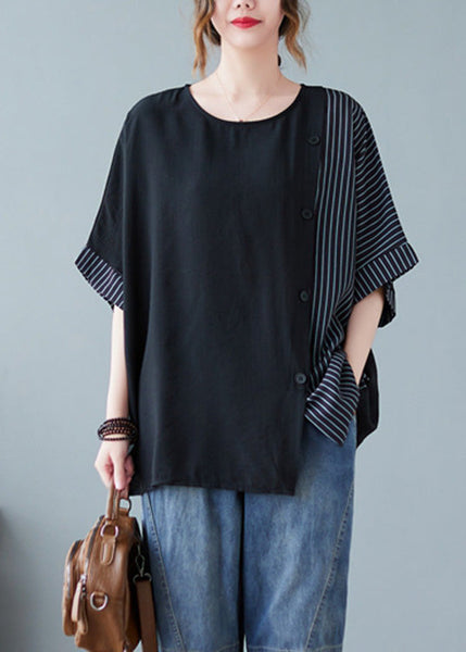 T-shirt en coton noir à col rond rayé patchwork et boutons, manches courtes, AC2052