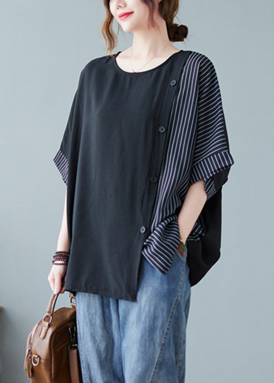 Novelty Black O-Neck Striped Patchwork Button Cotton T Shirts Half Sleeve AC2052